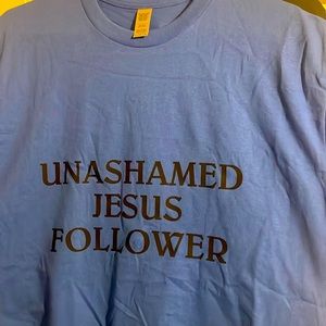 Large blue “Unashamed Jesus follower” Christian t-shirt.